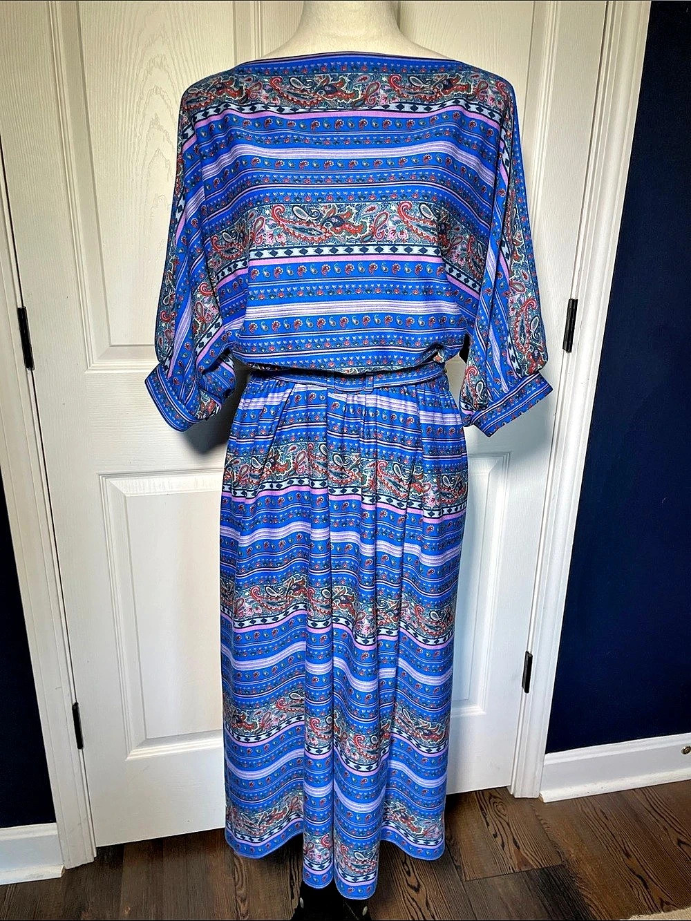 Vintage 80s Lady Carol of New York Paisley Border Print Midi Dress Blue M